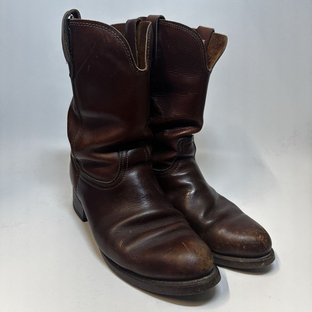 Vintage Brown Leather Western Work Boots Pull On Ranch Cowboy Distressed